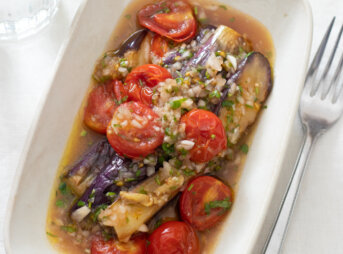 なすとプチトマトのマリネのレシピと作り方。スタイリングと料理写真の撮り方。 料理研究家・フードコーディネーター藤井玲子のレシピと料理写真。れこれしぴ