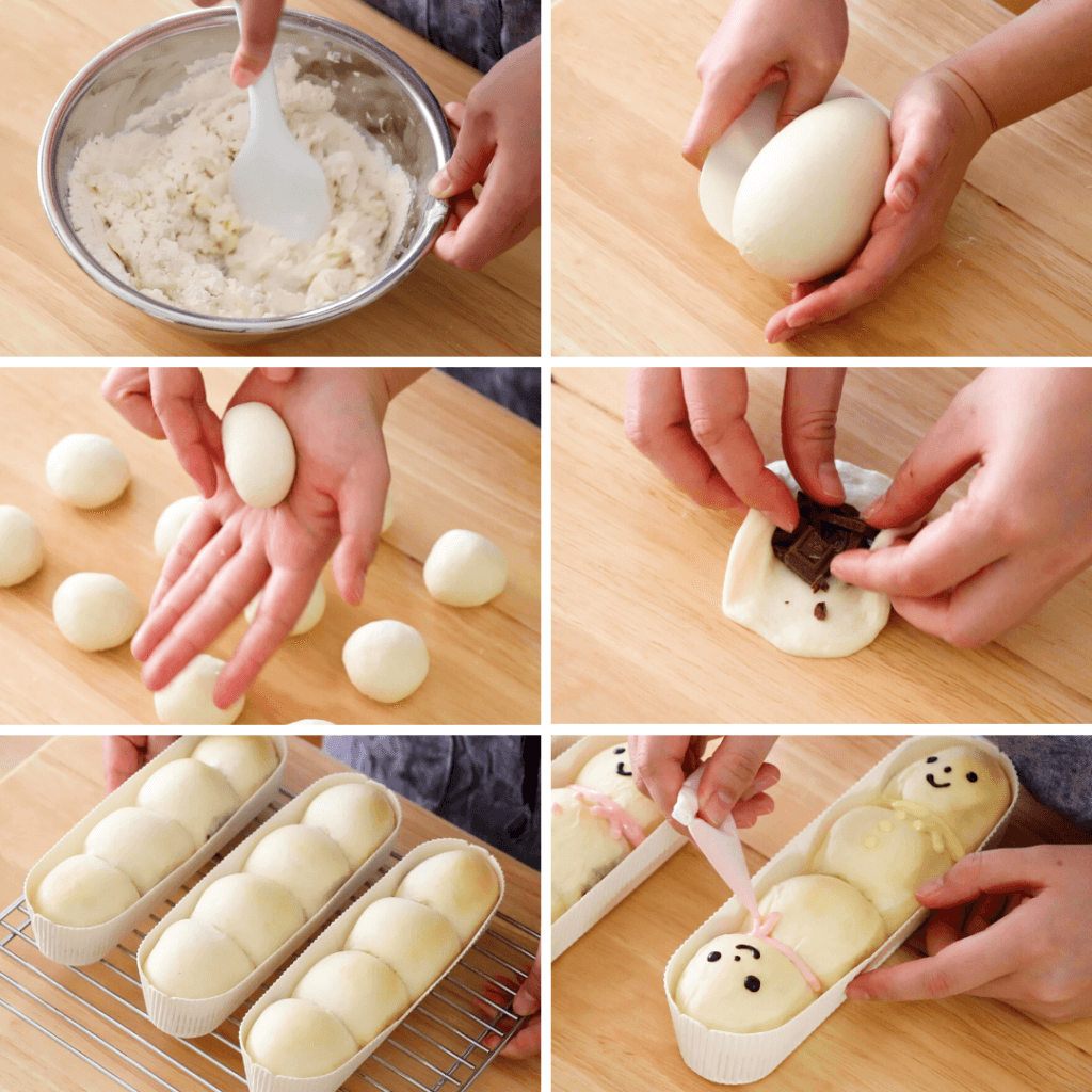 白パン生地で♪雪だるまちぎりパンのレシピと作り方。料理研究家・フードコーディネーター藤井玲子のレシピと料理写真。れこれしぴ