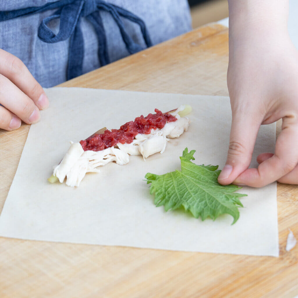 梅の酸味がアクセント♩ささみと香味野菜の春巻きのレシピと作り方。料理研究家・フードコーディネーター藤井玲子のレシピサイト。れこれしぴ
