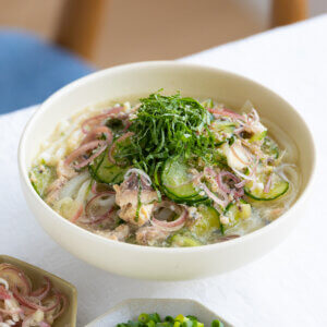 さば缶で簡単！薬味たっぷり冷や汁風うどんのレシピと作り方。料理研究家・フードコーディネーター藤井玲子のレシピサイト。れこれしぴ